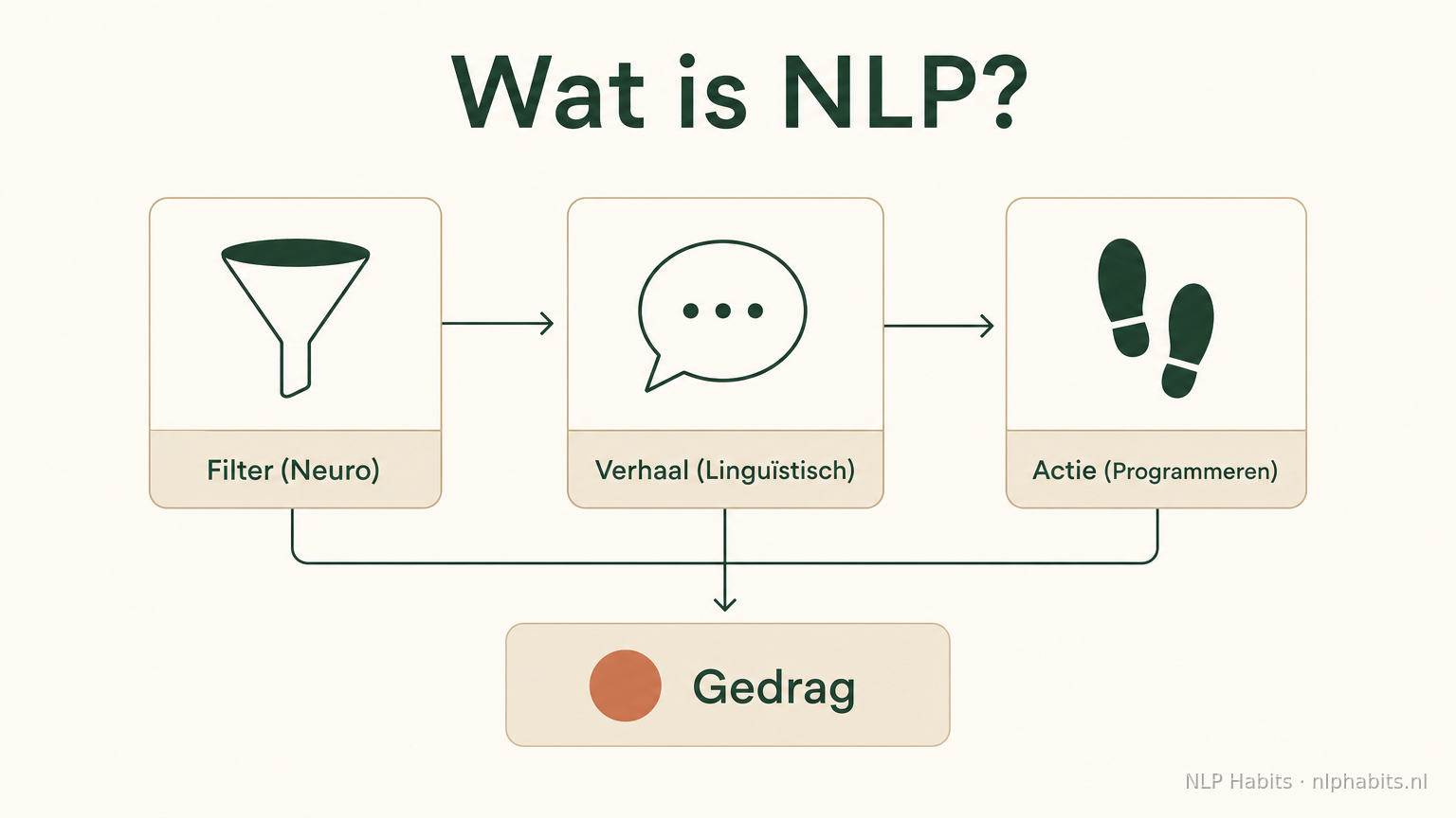 Infographic met de drie NLP-stappen: Neuro (hoe je brein prikkels filtert), Linguïstisch (de taal die je erop plakt) en Programmeren (het vaste gedragspatroon dat ontstaat).