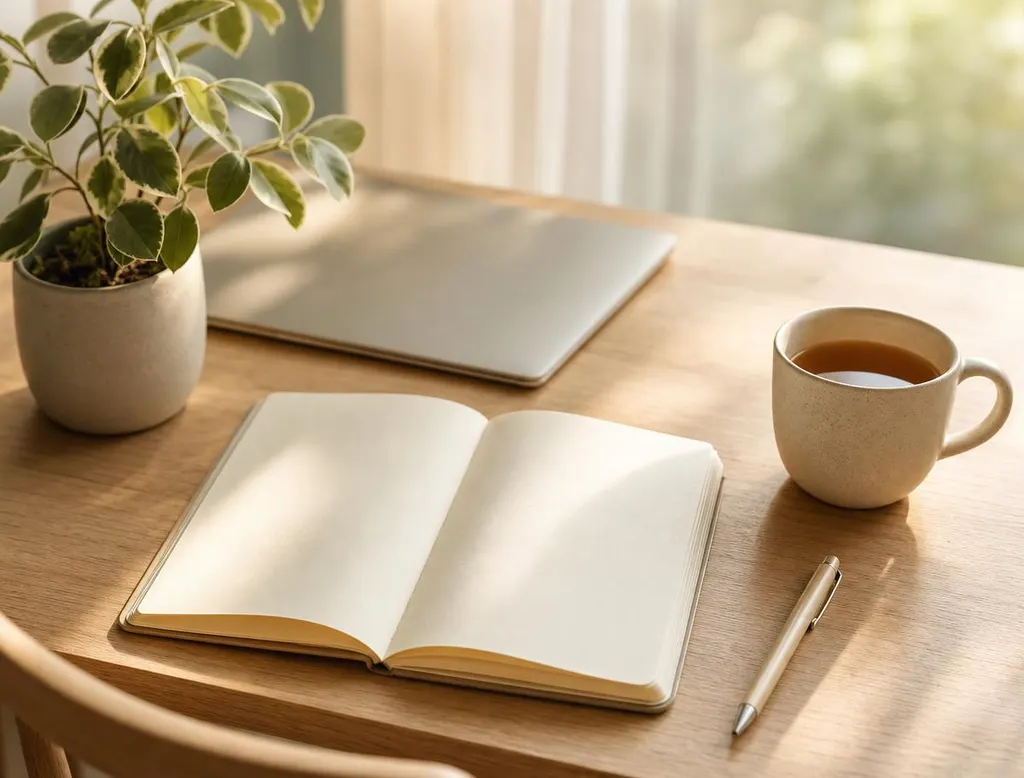 Een rustige werkplek met notitieboek, pen en kopje voor je dagelijkse oefening