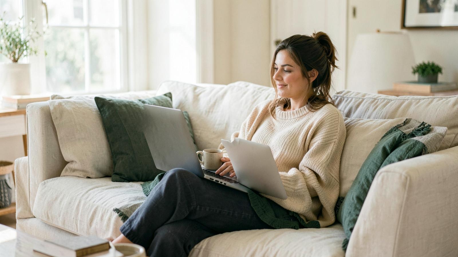 Vrouw leert ontspannen thuis op de bank met haar laptop en een kop koffie