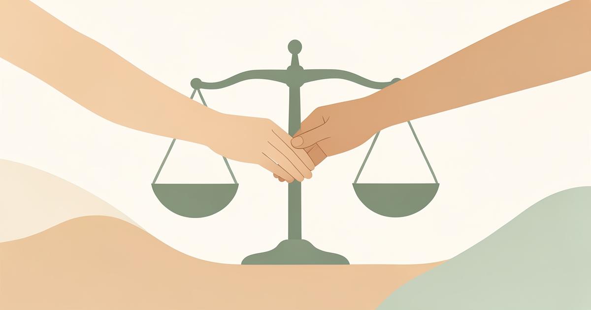 Illustratie van twee handen die een compromis sluiten bij een balans