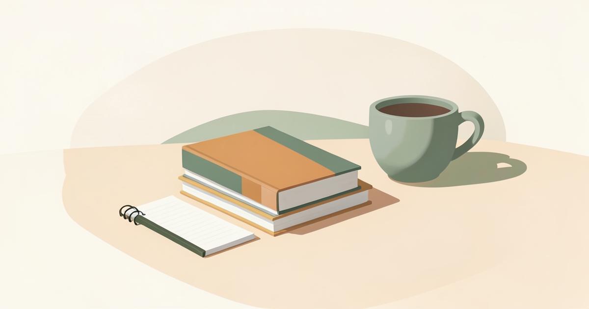 Illustratie van een stapel boeken met een notitieblok en een kop koffie